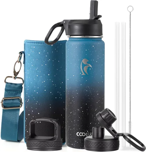 Miniatura 60 de Coolflask Botella de agua de 20 onzas aislada con pajilla, 3 tapas de metal de acero inoxidable, botella de agua de boca ancha para deportes u