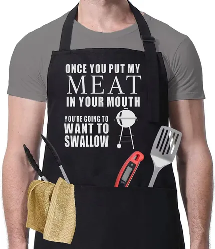 Miniatura 10 de Divertido delantal de parrilla para hombres, Once You Put My Meat - Talla única para todos - Delantal de cocina de chef con tres bolsillos grandes
