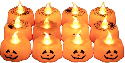 Miniatura 2 de Litake Luces LED de calabaza de Halloween, paquete de 12 luces de té parpadeantes de Jack-O'-Lantern, velas de calabaza que funcionan