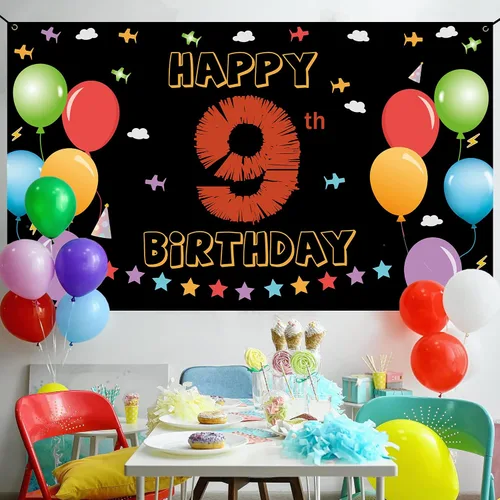 Miniatura 5 de Cartel de fondo de 9º cumpleaños, decoraciones de feliz 9º cumpleaños para niñas y niños, cartel de cumpleaños de 9 años, colorido fondo de fiesta