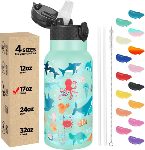 Miniatura 37 de Han's Bottle - Botella de agua para niños con tapa con pajilla - Vaso reutilizable de acero inoxidable aislado para niñas, niños, taza termo, 17