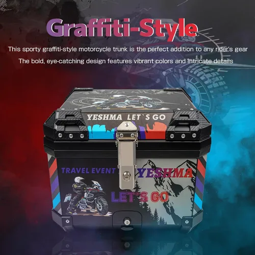 Miniatura 6 de Baúl Superior para Motocicleta, 45L Caja Trasera Universal para Motocicleta, Estilo Graffiti Deportivo Baúl Superior para Motocicleta con Respaldo