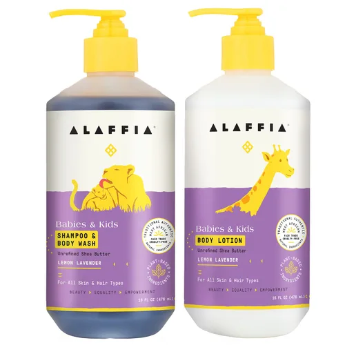 Alaffia Champú y gel de baño y loción corporal para bebés y niños (16 onzas), esenciales de baño diarios suaves para pieles delicadas y cabello, sin
