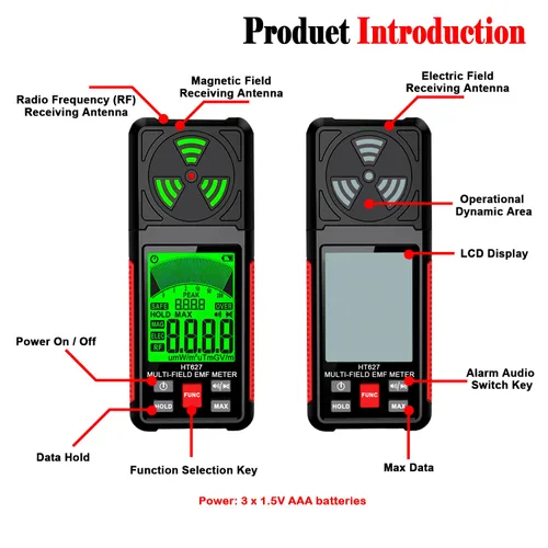 Miniatura 7 de Medidor EMF, detector de radiación de campo electromagnético portátil 3 en 1, probador EMF de mano para EF, RF, MF, señal WiFi, detector