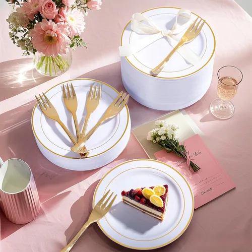 Miniatura 4 de WELLIFE 240 platos desechables de postre con tenedores de plástico dorados, 120 platos blancos de 6.5 pulgadas para ensalada de pastel con borde