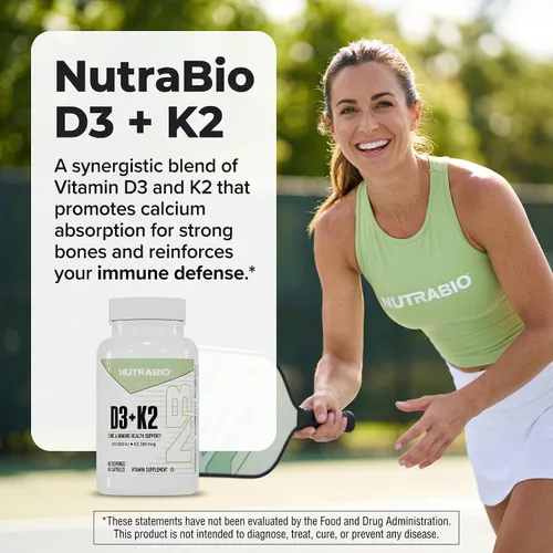 Miniatura 3 de NutraBio Vitamina D3 K2 5000 UI D3 como colecalciferol con vitamina K2 como MENA-Q MK7 (180 mcg) Apoya la salud ósea y cardíaca Sin OMG, sin