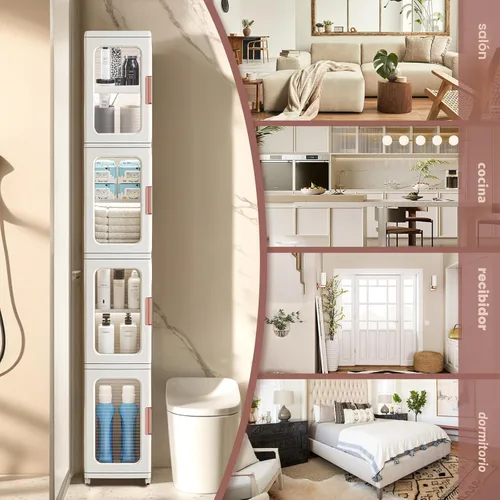 Miniatura 4 de Gabinete de almacenamiento estrecho con puertas y estantes, almacenamiento alto y delgado para baño, gabinete de cocina con estante ajustable