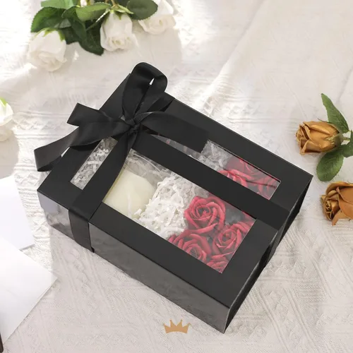 Miniatura 3 de Packqueen Caja de regalo negra con tapa y ventana, 9x6.5x3.8 pulgadas, Caja de regalo transparente para regalo contiene cinta, tarjeta, caja