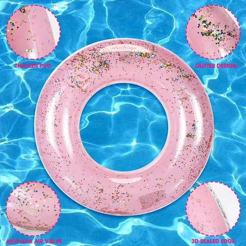 Miniatura 3 de Wettarn Flotadores inflables para piscina, juguetes para niños, tubos de natación para niños, tubos de piscina con lentejuelas con purpurina Rosa