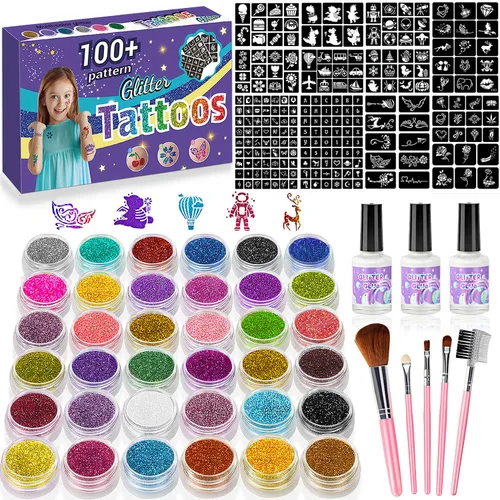 Kit de tatuajes temporales con purpurina para niños, 36 colores de purpurina, 222 plantillas, 3 pegamento, 5 pinceles, kit de purpurina artística