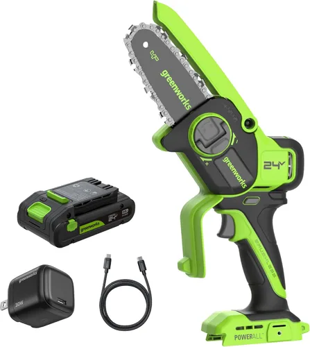 Miniatura 13 de Greenworks Mini motosierra sin escobillas de 24 V y 4 pies (engrasador automático, tensión sin herramientas, ultraligera), batería y cargador
