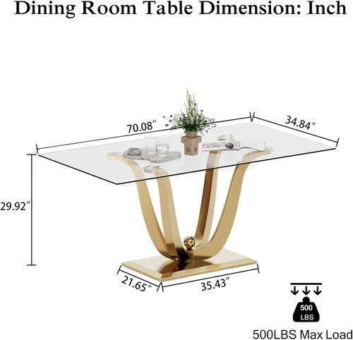 Miniatura 2 de Mesa de comedor de vidrio de 70 pulgadas para 4-8 personas, parte superior de vidrio templado y base de acero inoxidable en U dorada, escritorio