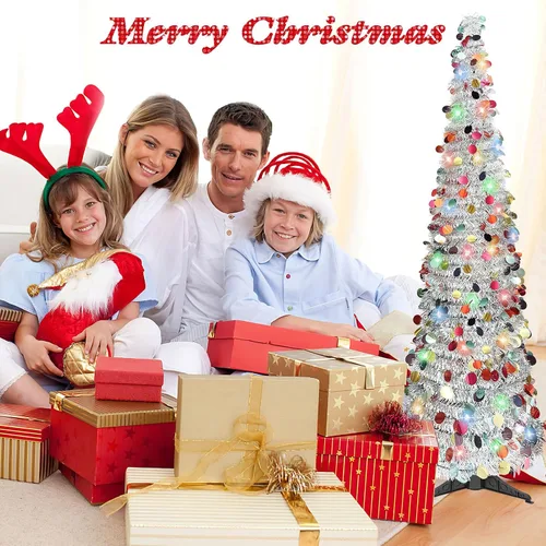 Miniatura 7 de Árbol de Navidad Tipo Lápiz de 5 Pies, Árbol de Navidad Artificial Plegable con Lentejuelas Pop Up, Árboles de Navidad de Oropel Tipo Lápiz Delgado