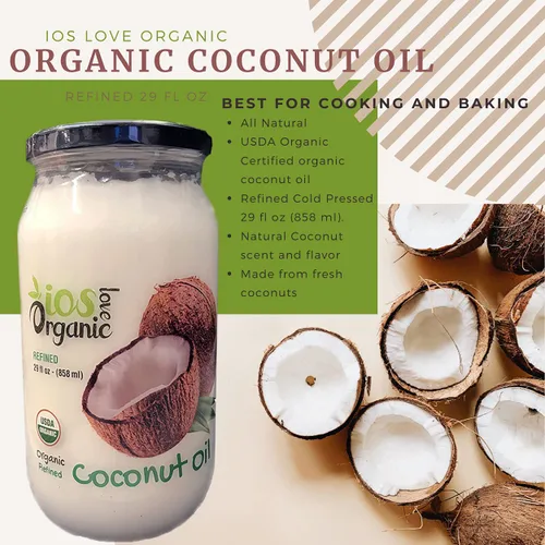 Miniatura 2 de IOS love Organic Aceite de coco virgen, prensado en frío, aceite natural para el cabello, aceite para la piel y aceite de cocina con sabor fresco