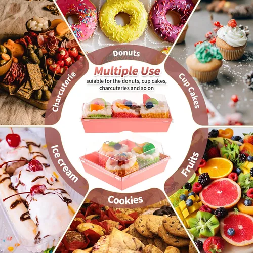 Miniatura 4 de Gejoy 100 cajas de charcutería rosa de 2 tamaños con tapas transparentes, cajas de postre de papel desechables, recipientes de postre de alimentos
