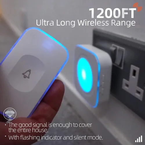 Miniatura 3 de Timbre inalámbrico de 1200 pies impermeable para el hogar con 36 melodías, 4 niveles de volumen, luz LED flash (1 receptor y 1 botón táctil blanco)