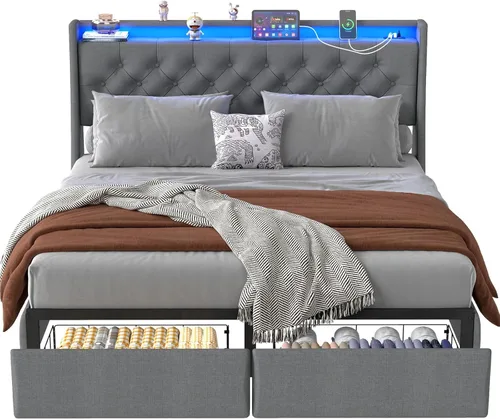 Miniatura 9 de Doltoro - Base de cama Queen con cabecero y 2 cajones de almacenamiento, base de cama tapizada con respaldo de alas tamaño Queen con estación