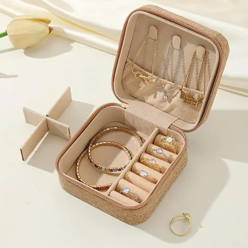 Miniatura 2 de 1 caja organizadora de joyas de estilo vintage, estuche de viaje con cremallera de cuero para aretes, collares, anillos, regalo de almacenamiento
