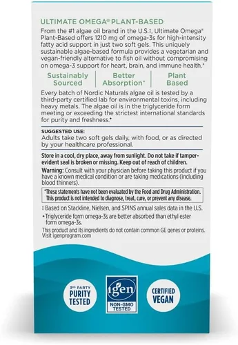Miniatura 6 de Nordic Naturals Ultimate Omega a base de plantas, sabor a limón, 60 geles suaves vegetarianos, 1210 mg de omega-3, EPA y DHA veganos, suplemento