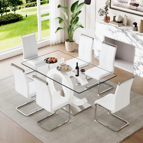 Miniatura 62 de gopop Mesa de comedor de cristal de 63 pulgadas, mesa de cocina moderna, mesa de comedor de vidrio transparente con patas de diseño único negro