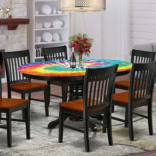 Miniatura 2 de Mantel ajustable ovalado de poliéster con bordes elásticos y arcoíris, diseño de grunge Ikat, estampado psicodélico, se adapta a mesas ovaladas