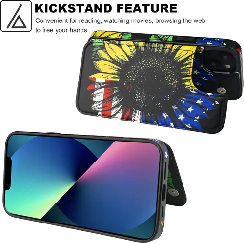 Miniatura 5 de HAOPINSH Funda tipo cartera para iPhone 13 con tarjetero y diseño de girasoles de bandera americana, tapa trasera, de piel sintética, con ranuras