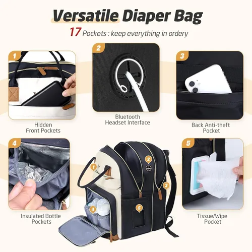Miniatura 5 de Mochila de Pañales - Mochila de Pañales Extra Grande para 2 Niños Gemelos, Bolsos de Viaje para Bebés para Mamá Papá 25-37L Expandible con Negro