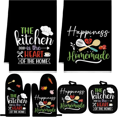 Miniatura 10 de Sratte Juego de 6 Piezas de Accesorios de Decoración de Cocina Estilo Granja Toallas Agarraderas Manoplas de Horno Juego de 2 Paños de Cocina 2 Negro