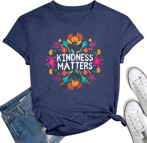 Camisetas de profesor para mujer, camiseta con texto en inglés "Be Kindness", camisetas de salud mental, camiseta bohemia con gráficos florales