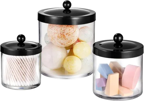 Miniatura 11 de Tarros de plástico de alta calidad para boticario, soporte Qtip para baño, tocador, encimera, organizador de almacenamiento de acrílico transparente