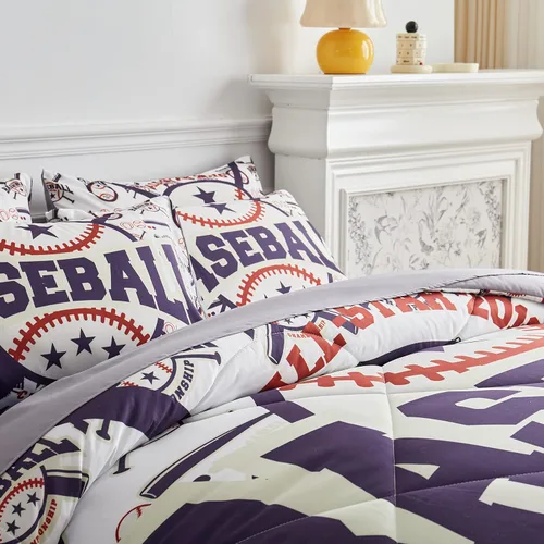 Miniatura 4 de Juego de edredón de béisbol para niños en una bolsa tamaño full, juego de ropa de cama de 7 piezas con dibujos animados de béisbol