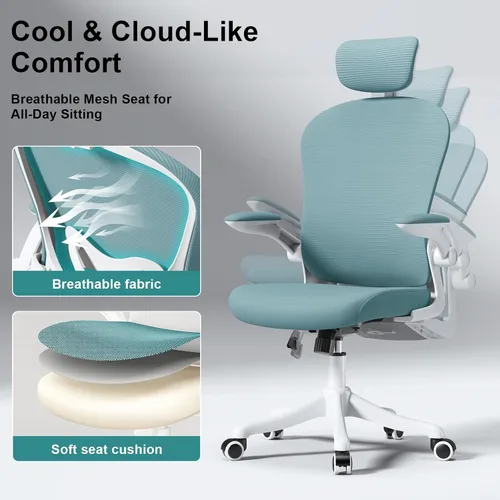 Miniatura 3 de Silla de oficina ergonómica, soporte lumbar ajustable y reposacabezas, silla de escritorio con respaldo alto con brazos abatibles para oficina