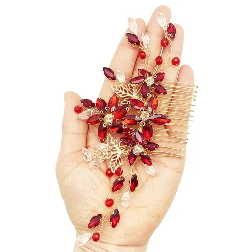 Miniatura 7 de Pieza de pelo de novia de cristal rojo con peine de flores de vid dorada, accesorios para el cabello para bodas, mujeres y niñas (dorado, rojo)