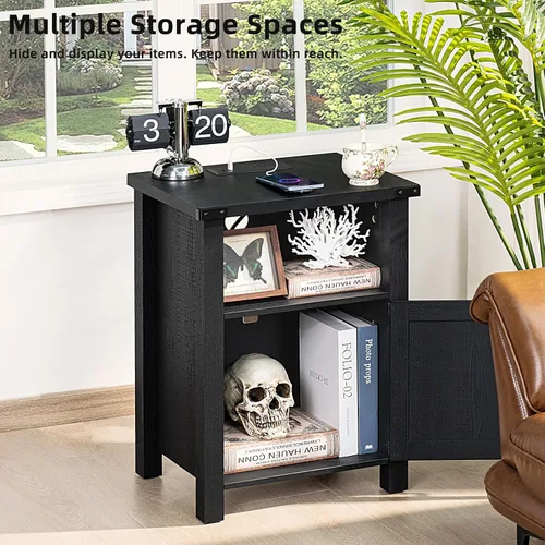 Miniatura 7 de Joaxswe Mesita de noche rústica de 18 pulgadas con estación de carga y puerto USB, mesa auxiliar rústica para sofá con puerta magnética, mesas Negro