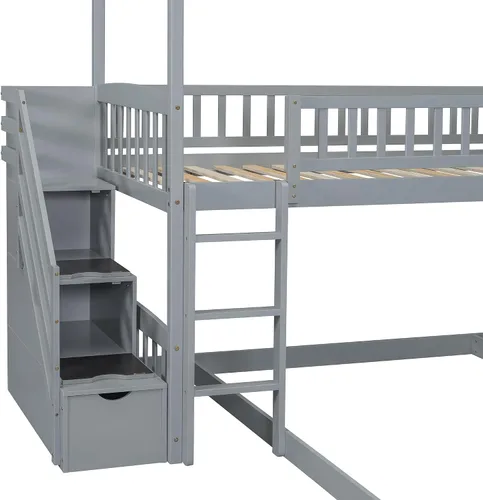 Miniatura 9 de Actual Literas de casa con tobogán, litera de madera maciza individual sobre cama individual con escaleras, techo, barandillas, cama alta de madera