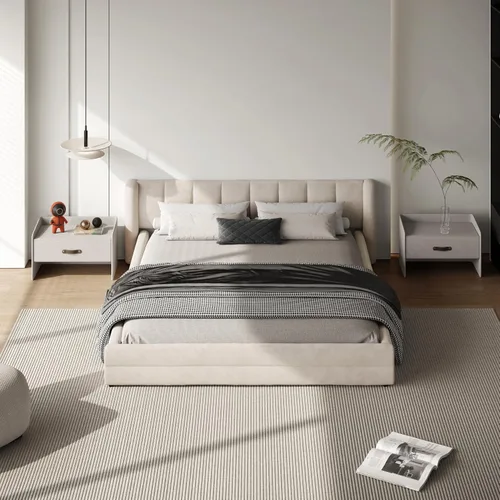 Miniatura 7 de DEINPPA - Marco de cama tamaño Queen con cabecero suave tipo nube, base de cama de madera con tapizado de chenilla, no necesita somier - Beige