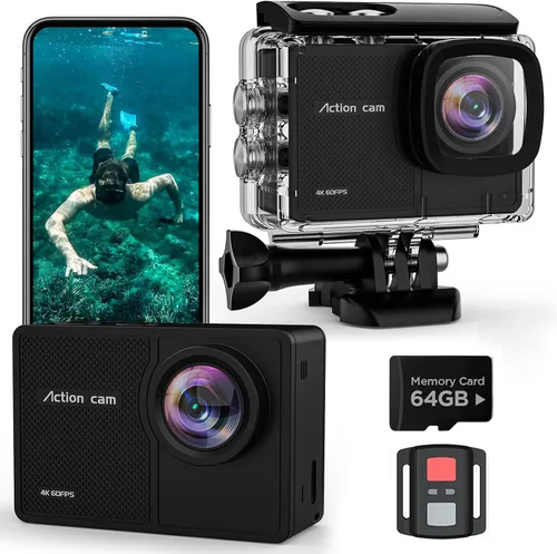 Cámara de Acción 4K60fps Impermeable con Tarjeta SD de 64G, Cámara HD WiFi de 48MP con EIS, Cámara Subacuática de 40M, Cámara Deportiva de Ángulo