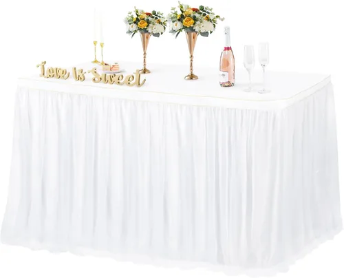 Miniatura 8 de Faldas de mesa de tul arcoíris de 6 pies para mesas rectangulares o cubierta de mesa redonda con falda de princesa arcoíris con volantes de tul tutú