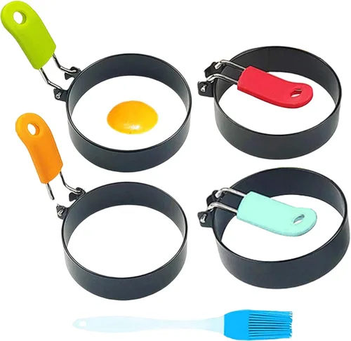 Miniatura 9 de Paquete de 4 anillos de huevo, herramienta de acero inoxidable antiadherentes para freír huevos con asas plegables y cepillo de aceite para cocinar