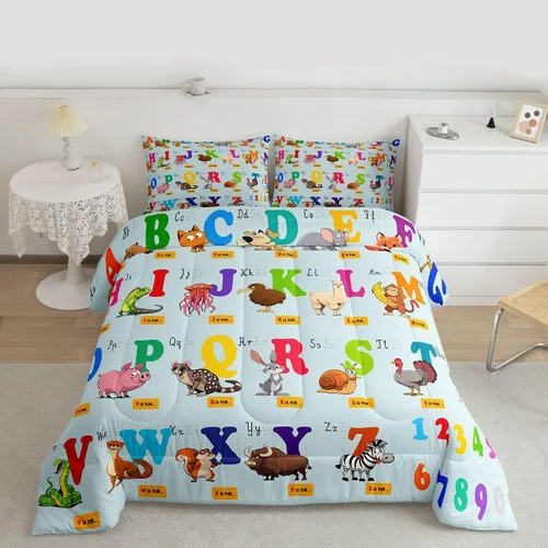jejeloiu Juego de edredón educativo para niños, tamaño King, juego de ropa de cama con números del alfabeto ABC para niños y niñas pequeños con