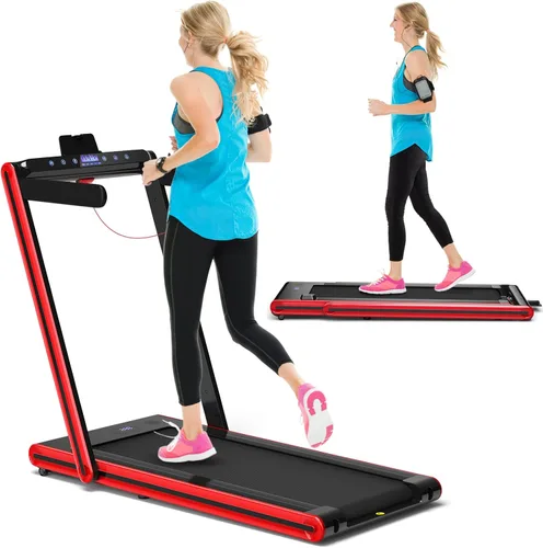 GYMAX Caminadora 2 en 1 para debajo del escritorio, máquina de correr plegable con pantalla LED doble, aplicación y control remoto, almohadilla para
