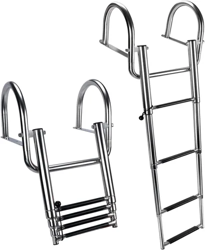 Escalera de barco pontón de 4 escalones, escalera de acero inoxidable plegable telescópica para entrada trasera con barandilla de mano de pedal