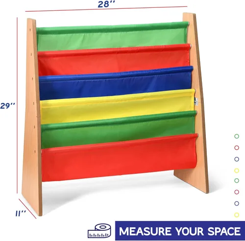 Miniatura 3 de Sagler Organizador de libros para niños pequeños – Estuche de madera para libros y revistas con 5 estantes de tela de nailon multicolor – Estantería