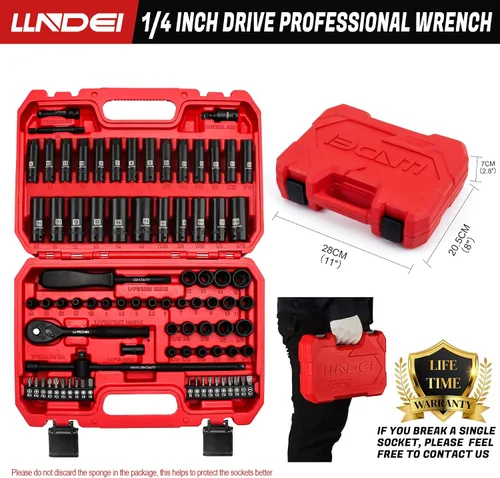 Miniatura 4 de LLNDEI Juego de llaves de impacto de trinquete de 1/4 pulgada de 83 piezas, llave de trinquete de 72T, juego de herramientas mecánicas CR-V
