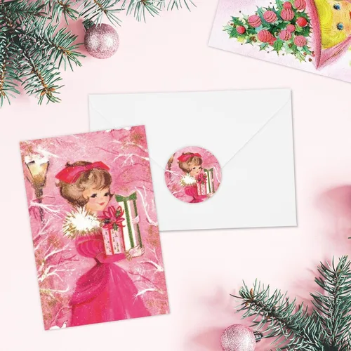 Miniatura 3 de AnyDesign 36 tarjetas de felicitación de Navidad, 12 diseños, tarjetas de notas rosas vintage con sobres blancos y calcomanías adhesivas, tarjeta