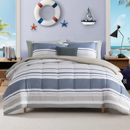 Miniatura 26 de AMBERSPACE Juego de edredón tamaño matrimonial, juego de ropa de cama a cuadros azul gris de 7 piezas para niños, niñas y adolescentes, juego