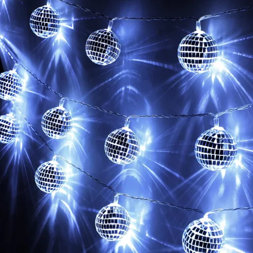 Guirnalda de 40 luces LED de bola de discoteca de los años 70, decoración de 9.8 pies, luz de discoteca, funciona con pilas, adornos de bola para