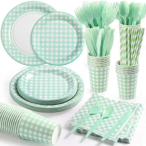 Miniatura 10 de Sieral 200 piezas de suministros de fiesta de cuadros rojos para 25 invitados, kits de vajilla desechable con platos de papel, vasos, servilletas