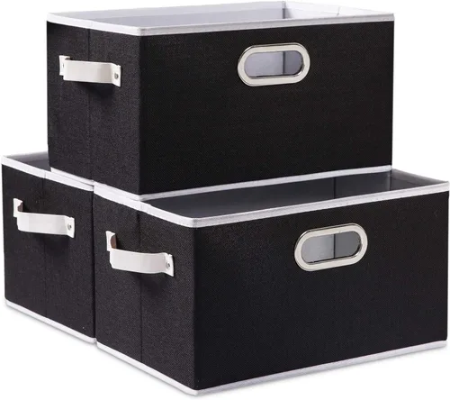 Miniatura 7 de PRANDOM Contenedores de almacenamiento plegables más grandes para clóset [5 unidades] cestas decorativas de tela de lino con asas de cuero y metal