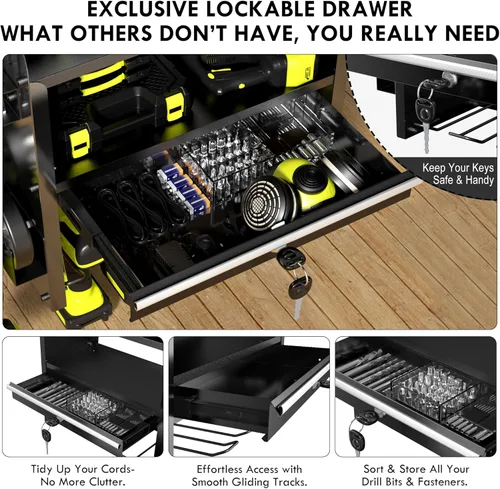 Miniatura 2 de KSVO Organizador de herramientas eléctricas para montaje en pared con estante de taladro y cajones de bloqueo, estante de herramientas de metal Negro